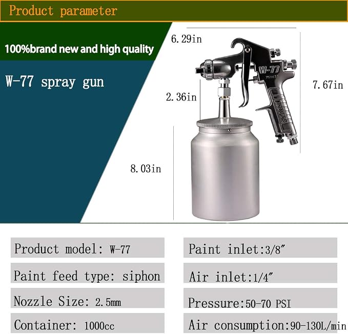W77 Siphon Feed Spray Gun with 1000cc Cup, 2.5mm Nozzle Spray Gun, Silver Handle