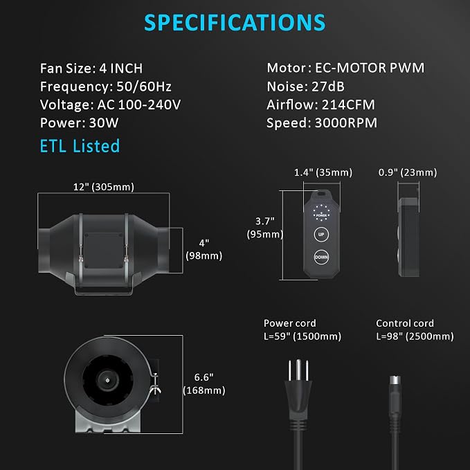Toolazy 4 Inch Inline Duct Fan, 214 CFM Quiet EC Motor Ventilation Fan with 10-Speed PWM Controller, Ultra Low Noise 27dB Mixed-Flow Exhaust Fan for Grow Tent Hydroponics HVAC Cooling Bathroom