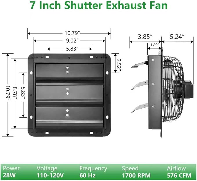 Shutter Exhaust Fan with Thermostat & Speed Control, 576 CFM,1700RPM, Upgrade 7 inch Wall Mount Attic Vent Fan for Chicken Coops, Greenhouse, Barn, Garage, Shed Ventilator