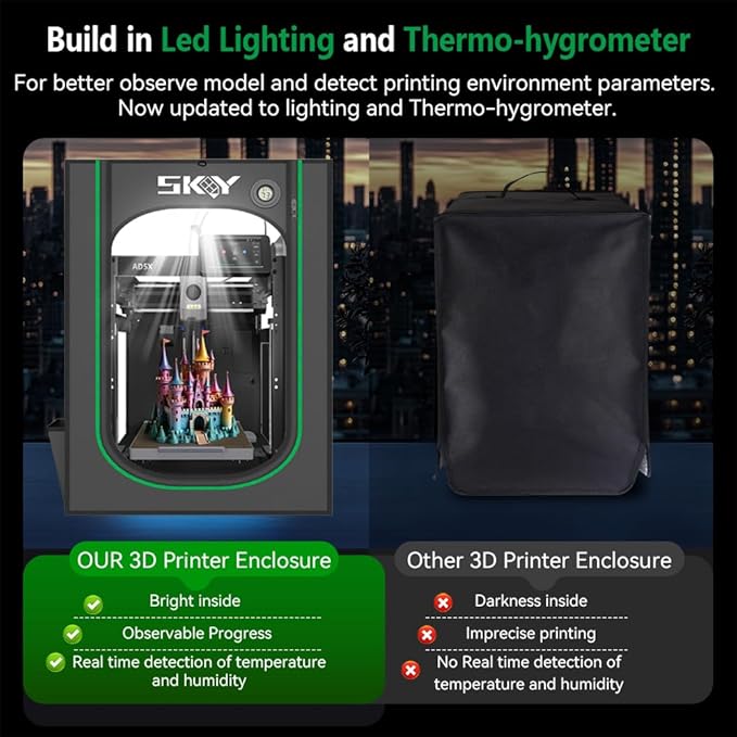 AD5X Enclosure with Ventilation Kit, Fireproof & Dustproof Noise Reduction 3D Printer Cover with USB LED Lighting System for Flashforge AD5X/AD5M 3D Printer