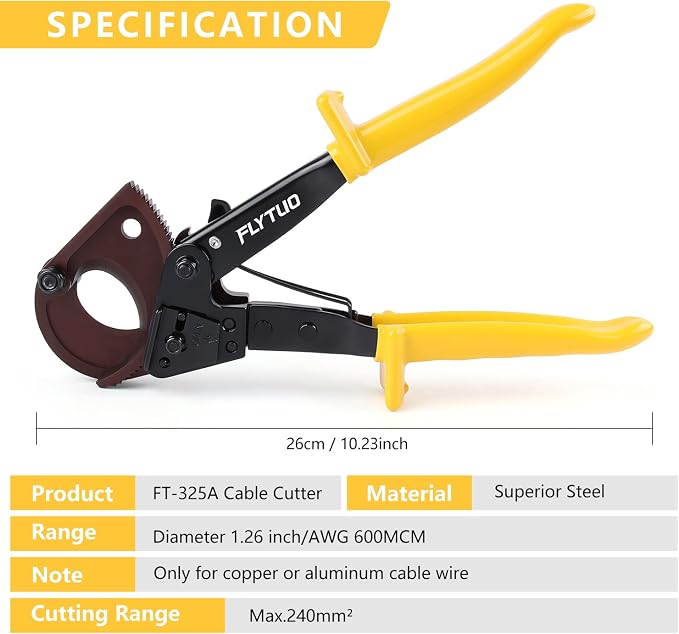 Upgraded Blade Ratchet Cable Cutters Heavy Duty Tool for Aluminum Copper and Electrical Wire up to 240mm² (Yellow)