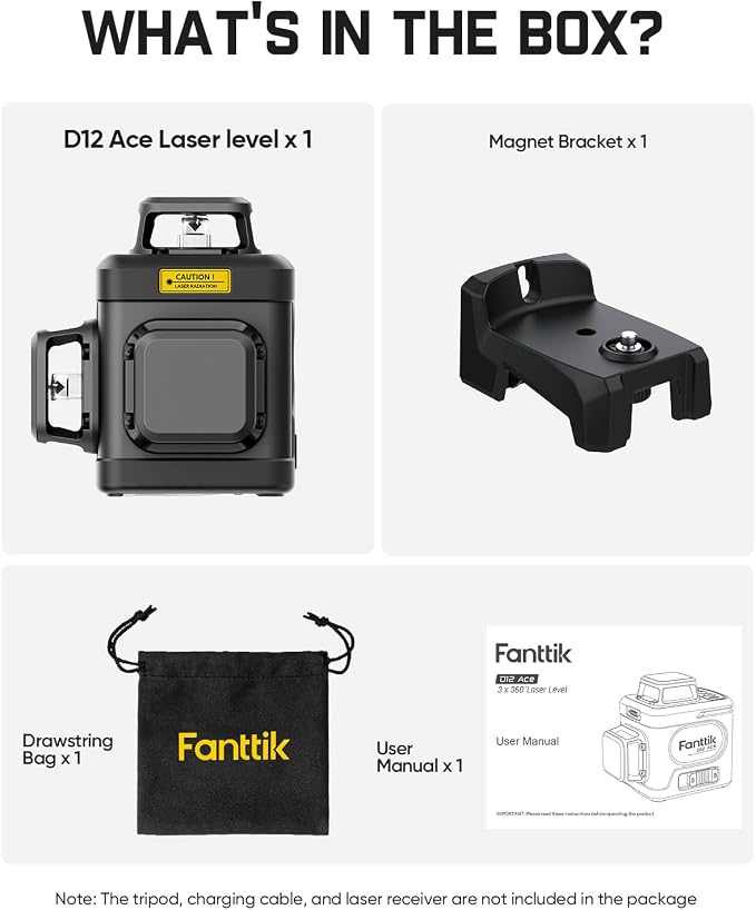 Fanttik D12 Ace Laser Level 360 Self Leveling, 3x360° Rechargeable 3D Green Cross Laser, Outdoor Pulse Mode, IP54 Durable, Easy to Use for Construction and Picture Hanging