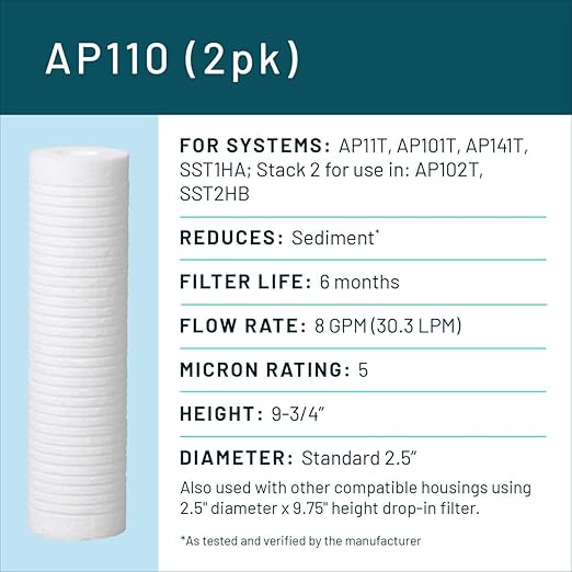 3M Aqua-Pure AP110 2-Pack Whole House Replacement Water Filter Cartridges, 5 Micron Sediment Reduction, for use with AP11T or AP101T Housing
