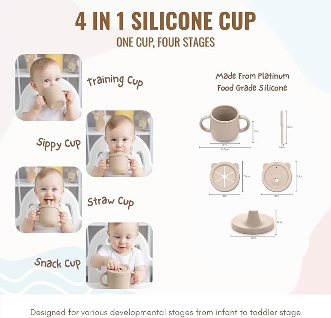 MONDE 25PCS Ultimate Silicone Baby Feeding Set, Complete Mealtime Baby-Led Weaning Essentials From Infant To Toddler, Bib, Smock, Sippy Cup, Dry Wet Bag, Placemat, Perfect Premium Gift Set (Beige)