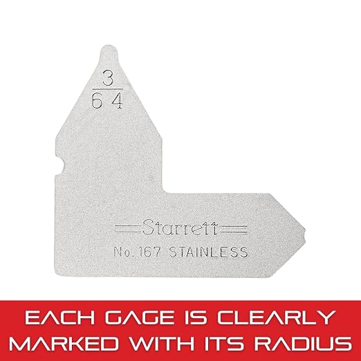 Starrett Individual Radius Gage with Extra Smooth, Accurate Edges for Convex and Concave Radii - Satin Finish Stainless Steel, 3/64" Range - 167-3/64