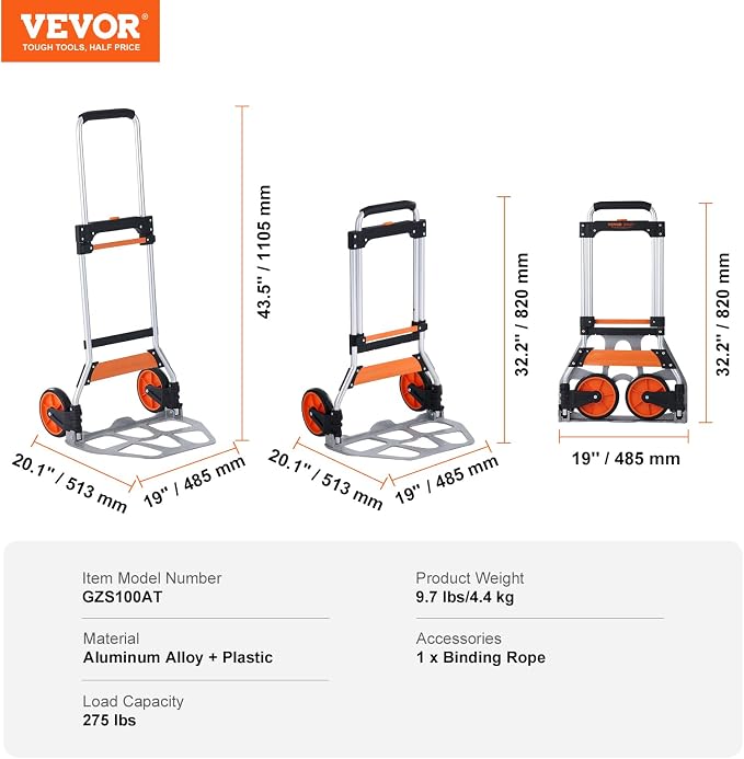 VEVOR Folding Hand Truck and Dolly, 275 Lbs Capacity, Aluminum Foldable Cart, Heavy-Duty Luggage Trolley Cart with Telescoping Handle and PP+TPR Wheels for Home, Office, Shopping, Travel
