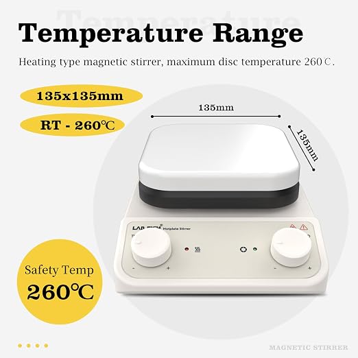 LAB FISH HS6 Magnetic Stirrer Hot Plate, 260℃ 200-1500RPM | 5.2 inch square ceramic hot plate, 3L, knob speed control, with stand & stir bar for lab heating & mixing