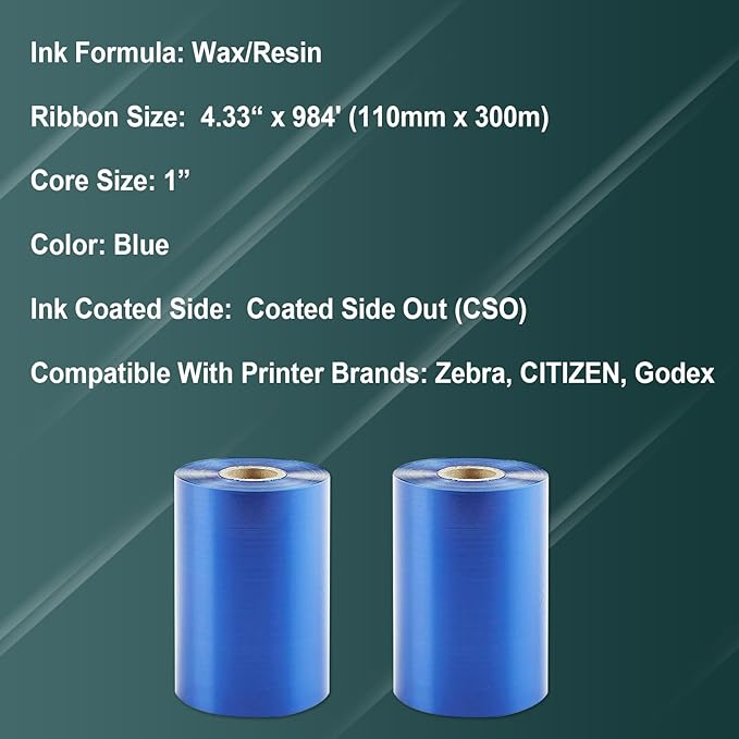 2 Rolls 4.33" x 984'(110mm x 300m) Blue, Wax/Resin Thermal Transfer Ribbon, Core 1", Ink Outside, Barcode Ribbon Compatible with Zebra Printer