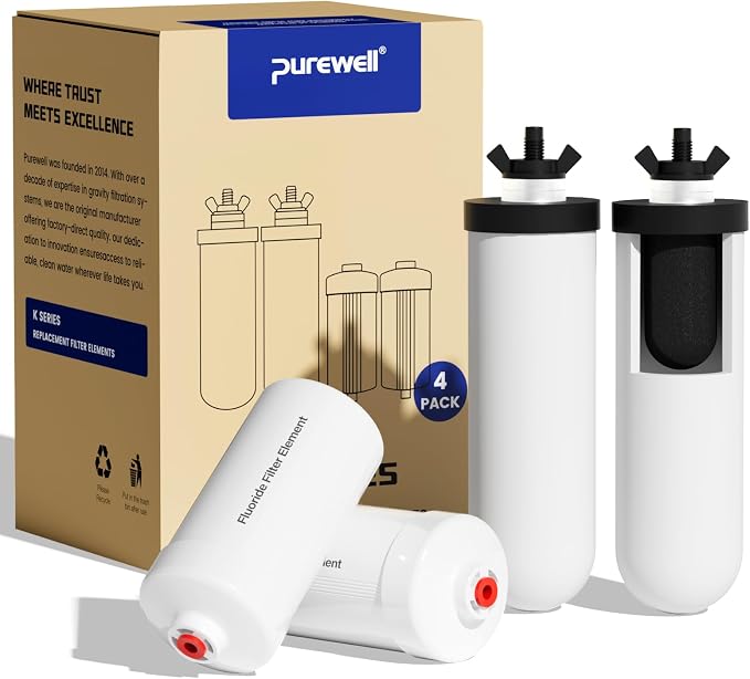 Purewell 8-Stage PF-4&FL-2 Purification Elements Set, Reduce Chlorine and Fluoride, Washable & Reusable, Replacement for ProOne®, Berlky®, Purewell® Filters and Water Filter Systems (4 Pack, K Series)