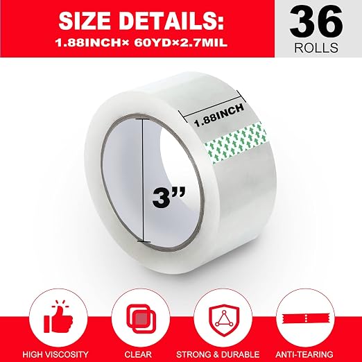 Clear Packing Tape 36 Rolls,2.7mil Heavy Duty Packaging Tape Refills for Shipping Packaging Moving Sealing, 1.88 Inch x 60 yd Per Roll,Total 2160 Yards