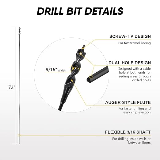 72" Flexible Installer Drill Bit for Pulling Wires in Walls, Ceilings, and Sidewalks, 9/16" Auger with Screw Point & Fish Eye, 3/16" 3-Flat Shank for Wood & Conduits, with Wire Puller & Storage Tube