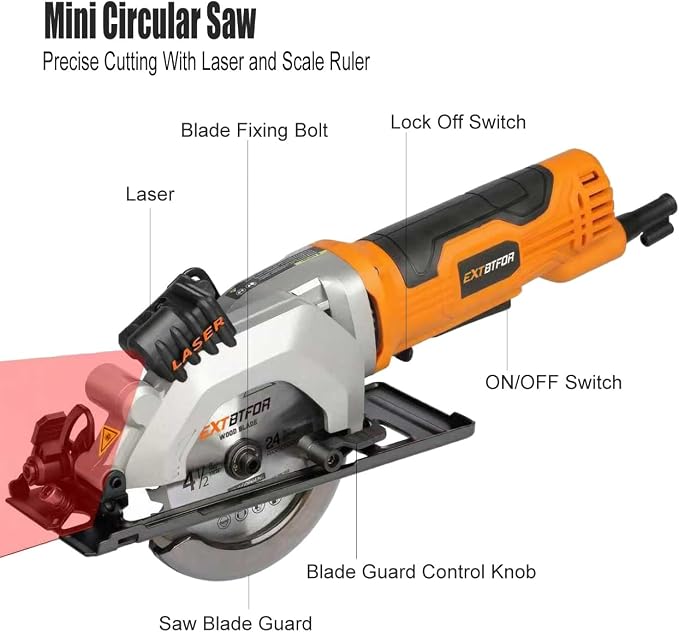 4.8A Power Circular Saw Corded,4000RPM Laser Guide 45° Max Angle Adjustment | Mini Circular Saw Maximum Cutting 1-11/16" at 90° and 1-1/8"at 45° for Wood, Soft Metal, Plastic