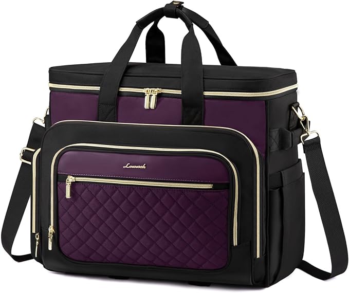 LOVEVOOK Rolling Teacher Bag with Detachable Dolly and Laptop Compartment, Large Rolling Tote Bag fits for 17.3" Laptop for Teacher Office Work Craft Nurse, Quilted-Purple-Black