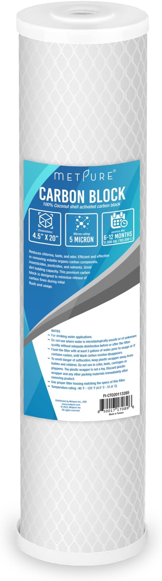 Metpure Universal 5 Micron 20” x 4.5” Whole House Carbon Water Filter Cartridge Replacement - Coconut Shell Carbon Block CTO. Compatible with Pentek, iSpring, and more. 1-Pack