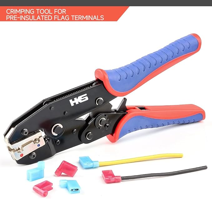 HKS Crimping Tool for Insulated Flag Terminals - Ratcheting Wire Crimpers - AWG 22-14 (0.5-2.5mm²) - Ratchet Terminal Crimper - Electrical Crimping Tool