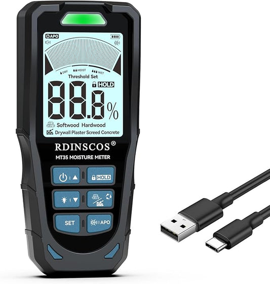 Pinless Moisture Meter for Drywall & Concrete, Black | Digital Drywall Moisture Tester, 3-Color Indicator Light, Audible Alarm & HOLD Function,Rechargeable USB