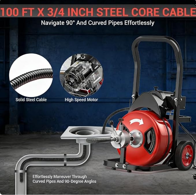 Garvee 100Ft 3/4 Inch Drain Cleaning Machine. Sewer Snake 750w Auto Feed with 6 Cutter, Portable Drain Cleaning Machine Electric Drain Auger Sewer Auger Air-Activated Foot Switch for 4" to 8" Pipes