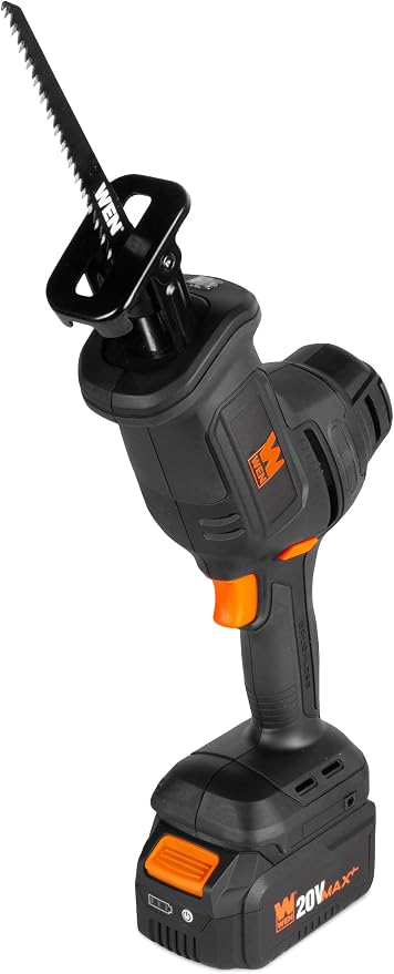 WEN 20V Max Cordless Reciprocating Saw, Brushless Compact One-Handed Design with 4.0 Ah Lithium-Ion Battery and Charger (20631)