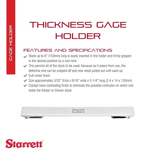 Starrett Thickness Gage Holder for Precision Measurement - Dull Nickel Finish, Double End, Clamps Stock at Both Ends for Thickness from .001-.025" - 806D