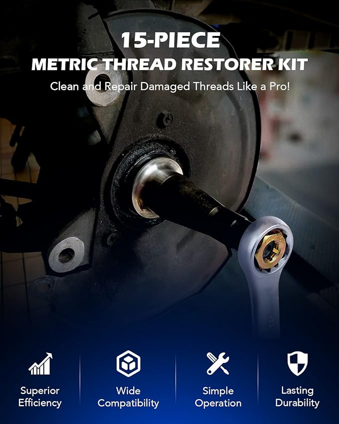Metric Thread Chaser Set, 15-Piece Rethreading Tool Kit for M6 M8 M10 M12 | Master 15-Pc Restorer Set Includes 7 Taps, 7 Dies, and 1 Thread File. Durable Coated Steel. Hex Shape. Storage Case Incl