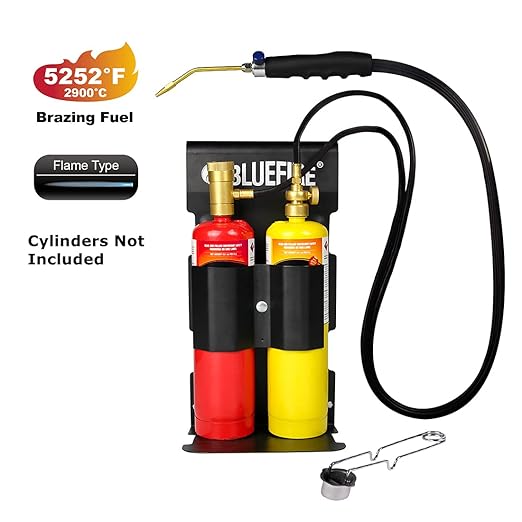 BLUEFIRE Oxypropane Welding Gas Cutting Torch Kit with Flint Lighter and Cylinder Holder Rack - For Jewelers Hvac Map Gas Torch Kit Brazing Mapp Gas Torch, Soldering Oxy Acetylene Torch Kit