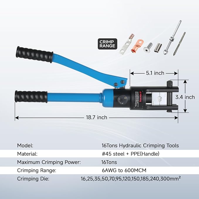 16 Ton Hydraulic Battery Cable Lug Terminal Crimping Tool Kit Wire Crimper with 6AWG to 600MCM 11 Pairs of US Standard Chromed Hexagon Crimp Dies