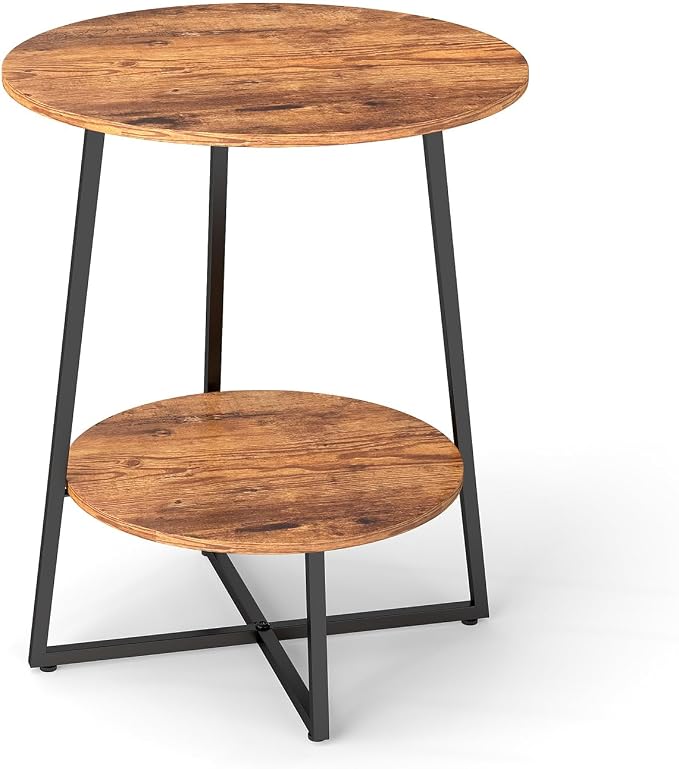Round End Table - 23.6" H Side Table with Metal Frame, Industrial Accent Tables for Living Room Bedroom, Rustic Brown (1 Pack)