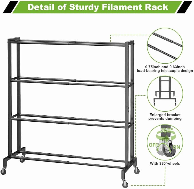 3D Printer Filament Storage Rack Stand, Rolling Filament Spool Holder Cart with Wheels, 4 Tier Expandable Heavy Duty Metal Shelf for 3D Printing Studio Workshop,1pcs Stand Only