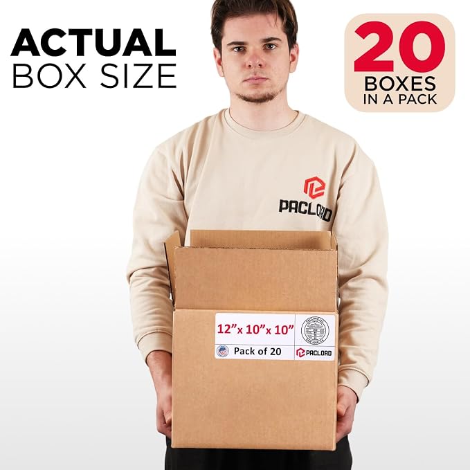 Medium Cardboard Boxes 12"L x 10"W x 10"H (Pack of 20) - USA-Made Packing Boxes for Moving, Shipping, or Storage - USPS, UPS, FedEx Approved - Professional Packing Supplies for Moving | USA-Made Packing Boxes for Moving, Shipping, or Storage - USPS, UP...
