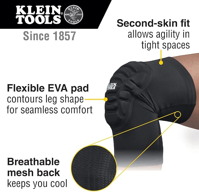 Klein Tools Knee Pads with Breathable Mesh, EVA Pads, Elastic Cuffs, Black, M/L and L/XL Sizes