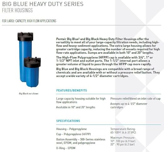 Pentair Pentek 150237 Big Blue Filter Housing,1" NPT #10 Whole House Heavy Duty Water Filter Housing with High-Flow Polypropylene (HFPP) Cap and Pressure Relief Button,10-Inch,Black/Blue (Pack of 6)