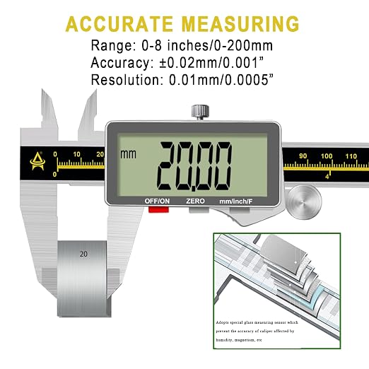 Digital Caliper,ACEMETER 0-8" Vernier Calipers Measuring Tool-Electronic Micrometer with Large LCD Screen,Metal Metric Measure Caliper for Engineer Carpenter,Auto-Off Feature,Inch/Fraction/Millimeter