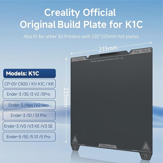 Official Creality K1C Build Plate 235x235mm Original Smooth PEI Sheet with Nozzle Cleaner Flexible Spring Steel Magnetic Platform Plate for K1/K1C/Ender 3/3 V2/3 V3/3 V3 KE/3 V3 SE/3 Neo/3 V2 Neo