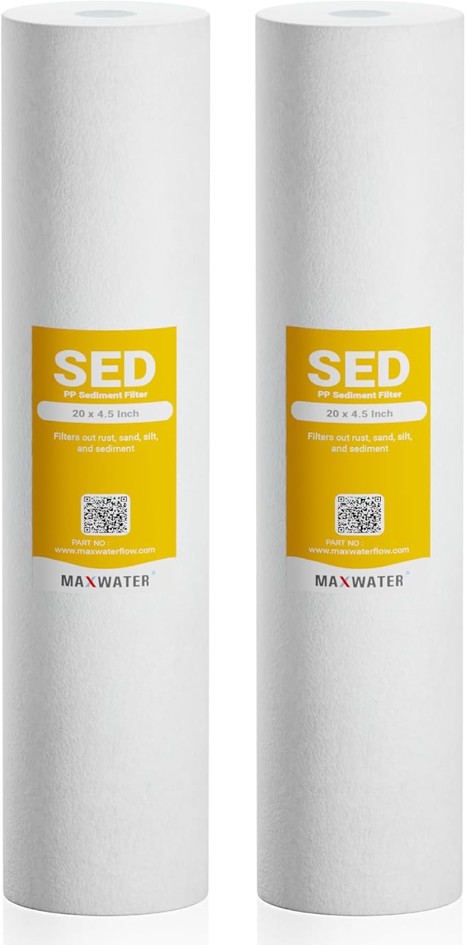 Max Water 5 Micron 20 x 4.5 Whole House Sediment Filter 20 inch Well Water Filter Replacement Cartridge Compatible DGD-5005-20, FP25B, AP810-6, FPMB5-20, 155358-43, 2 Pack