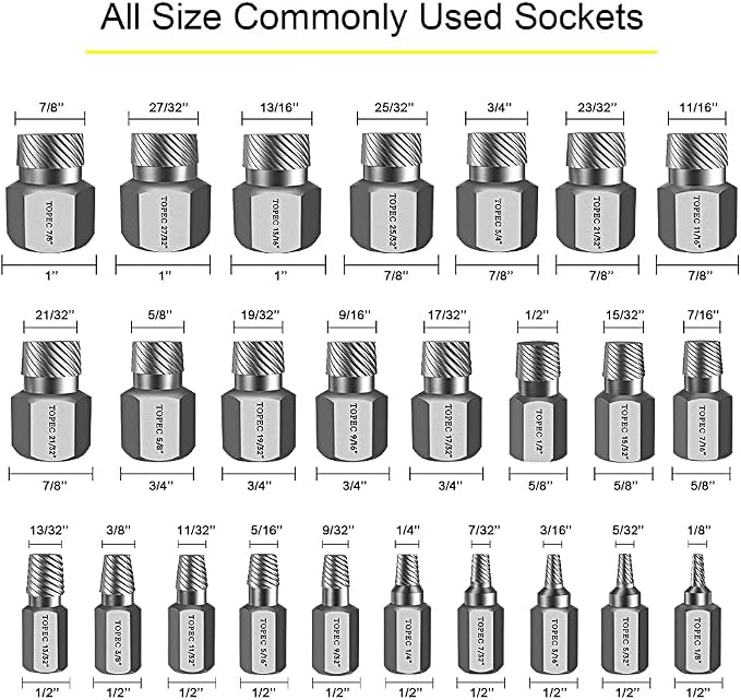 Topec 25Pcs Screw Extractor Set, Hex Head Multi-Spline Easy Out Bolt Extractor Set, Premium CR-MO Steel Rounded Bolt Remover