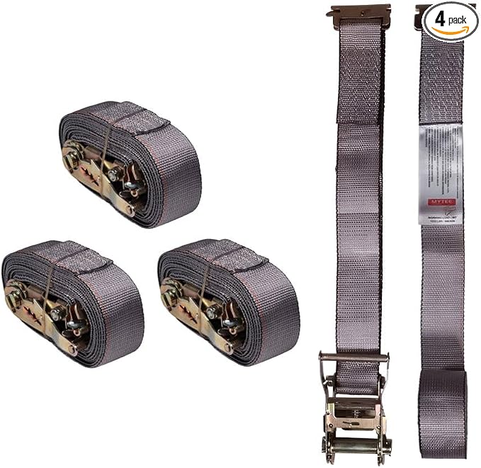 Mytee Products (4 Pack) 2'' x 16' E Track Straps w/Spring E-Fittings - Grey Ratchet Etrack Straps w/Heavy Duty 4000 lbs Breaking Strength for Enclosed Trailers, Trucks & Vans