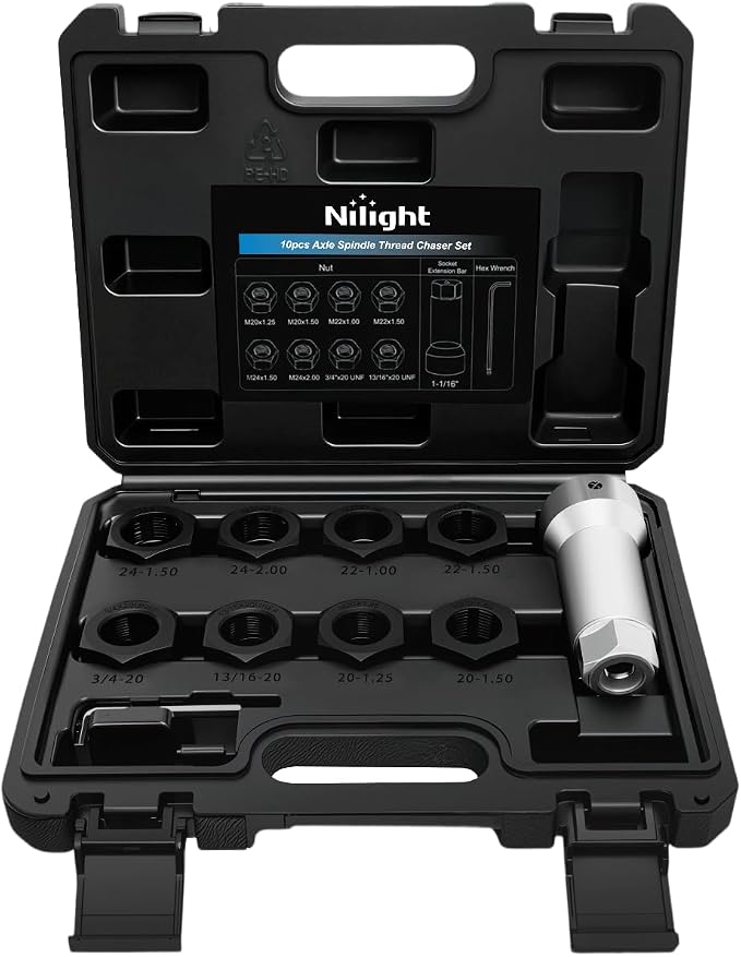 Nilight 10PCS Axle Spindle Thread Set Wheel Stud Rethreading Chaser Repair Tool Kit with Case 8 Metric UNF Dies 1-1/16" Extension Bar M20 M22 M24 13/16" 3/4" UNEF Nuts Automotive Tools for Mechanics
