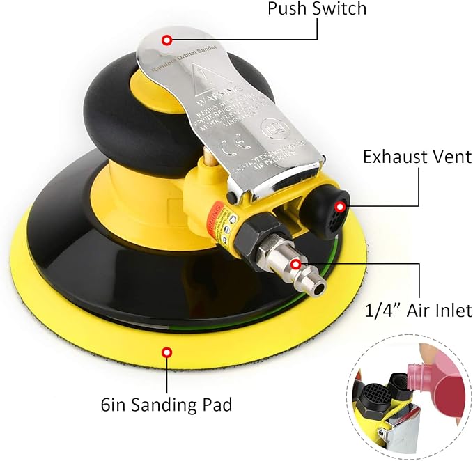 Professional Air Random Orbital Palm Sander, Dual Action Pneumatic Sander, Low Vibration, Heavy Duty … (6-inch Yellow)