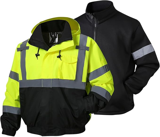 SKSAFETY 3-in-1 High Visibility Winter Bomber Jackets Zip Out Fleece Liner Reflective Safety Coats for men Waterproof ANSI/ISEA Class 3(Lime 5XL)