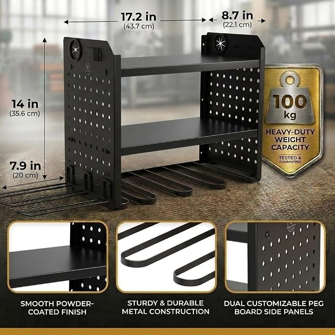 BUILTSTRONG Power Tool Organizer Wall Mount – 3-Tier Heavy-Duty Steel Rack, 6 Drill Slots, Dual Pegboard Sides, Side-by-Side Modular, 100 lb Capacity – Garage & Workshop (Black)