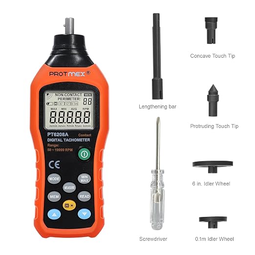 Protmex Digital Tachometer, 50-19999 RPM Contact Tachometer, 100 Groups Data Store Handheld Speed Meter with Backlight, Max/Min/AVG RPM Rotation Speed Gauge, PT6208A (Batteries Included)