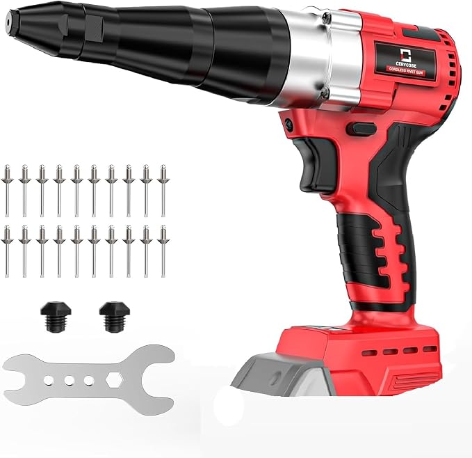 Cerycose Cordless Rivet Gun Kit Compatible with Milwaukee 18V Brushless Electric Riveters Gun Tool with 3-Size Steel Rivets(1/8"-5/32"-3/16") LED Light & Nose Piece (Tool Only)