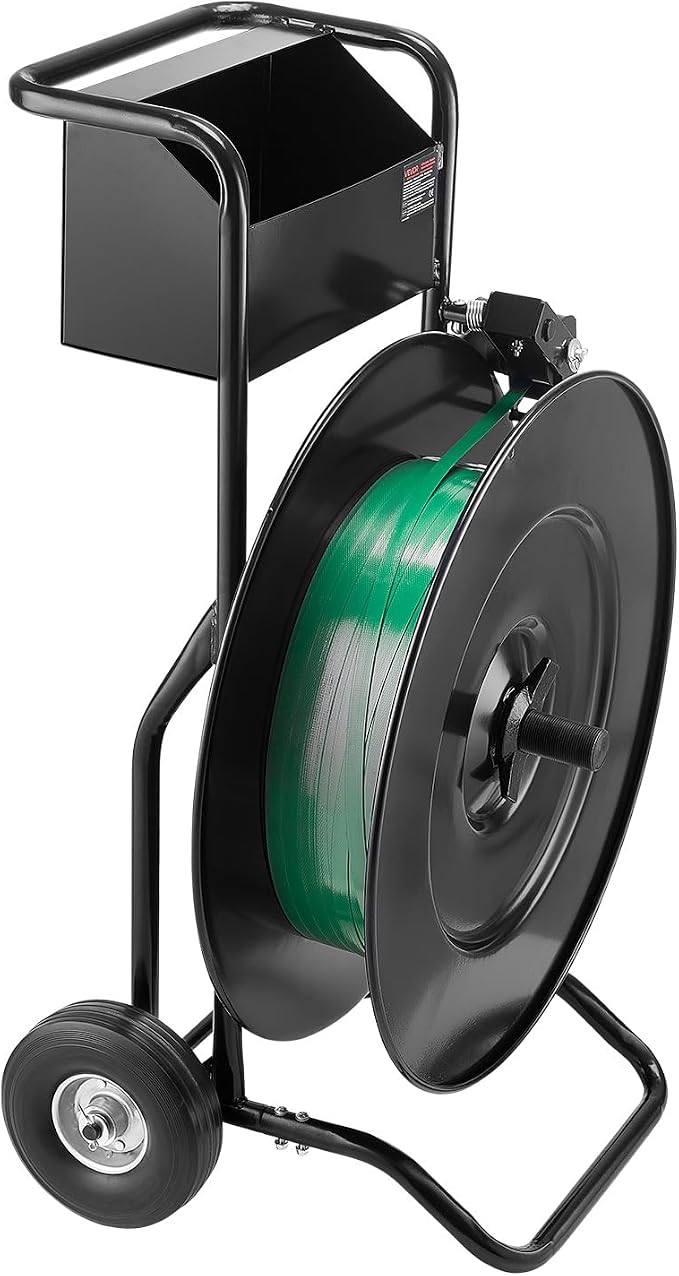 VEVOR Banding Strapping Cart, for PET/PP Coils with 8" or 16" Core, Heavy Duty Strapping Dispenser with Upgrade Drum Brake System, Rubber Wheels and Built-in Spacious Tool Tray, 110 lbs Capacity
