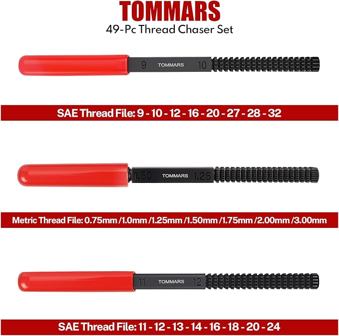 TOMMARS 49-Piece Thread Chaser Set for UNC, UNF and Metric Threads | Thread Repair Kit with Taps, Dies and Thread Files for Rethreading, Restoring and Cleaning Internal and External Threads