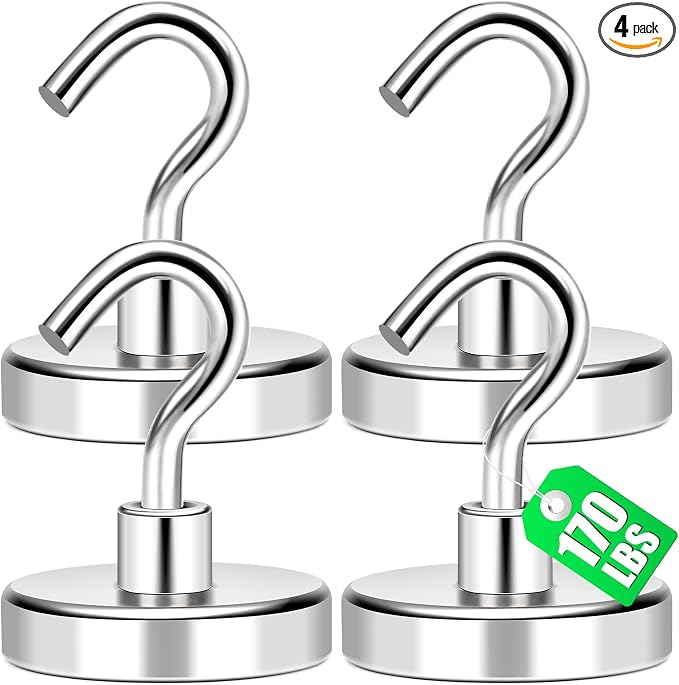 MIKEDE Magnetic Hooks Heavy Duty 170Lbs+ Super Strong Magnet Hook | Cruise Essentials Neodymium Earth Magnets with Hook for Hanging Magnetic Hanger for Fridge Toolbox Storage - 4 Pack