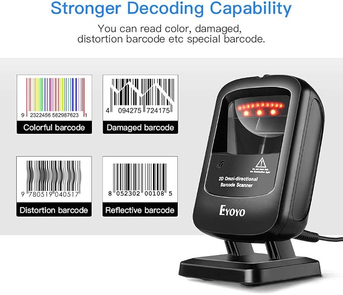 Eyoyo 1D 2D Desktop Barcode Scanner, Omnidirectional Hands-Free USB Wired Barcode Reader, Capture Barcodes from Mobile Phone Screen, Automatic Image Sensing for Supermarket Library Retail Store
