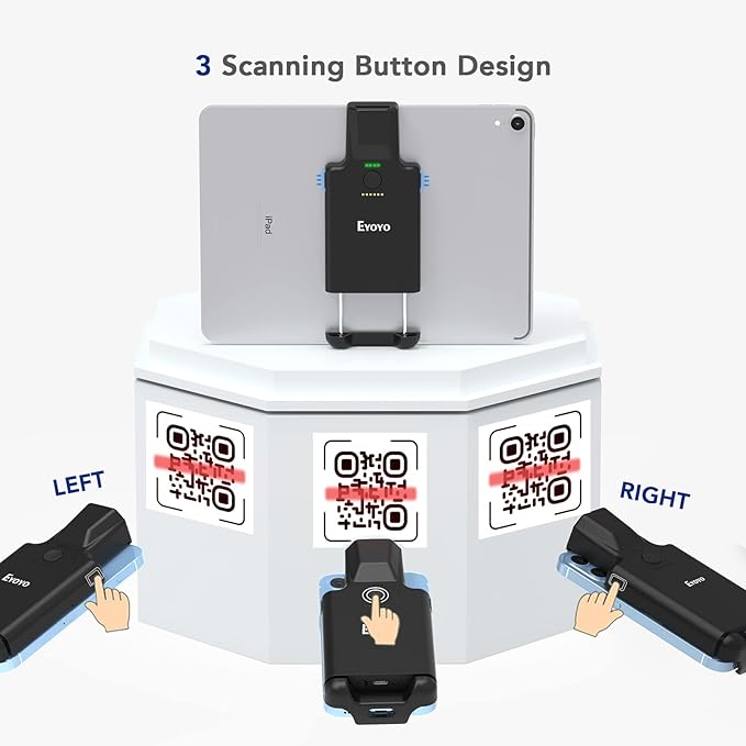 Eyoyo 1D 2D QR Portable Bluetooth Barcode Scanner with 3000mAh Battery, Compatible with iPad, Tablet, iPhone, Android Phone, Wireless UPC Bar Code Reader for Library Book Warehouse Inventory