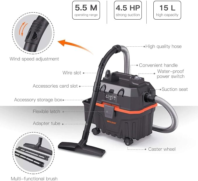WECLEAN Shop Vac 4 Gallon 5.5 Peak HP Commercial Wet Dry Vacuum Cleaner, Heavy Duty Shop Vac with Blower Function, HEPA Filter, Portable Wet Dry Vac for Garage Car Detailing Construction Cleanup