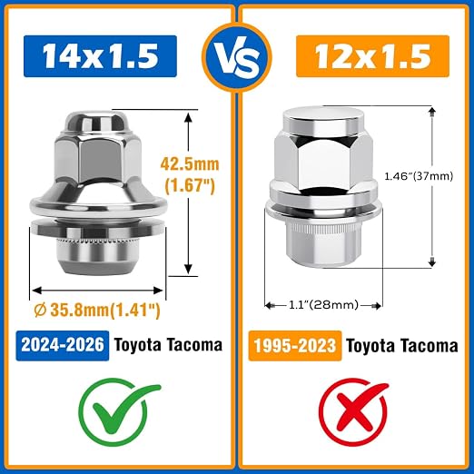 Dynofit M14x1.5 Lug Nuts Compatible with 2024-2026 Toyota Tacoma, 2022-2026 Tundra,2025-2026 4Runner,24PCS 14x1.5 OEM Chrome Wheel Lug Nuts 13/16" Mag Washer Seat More Wider,One-Piece Design