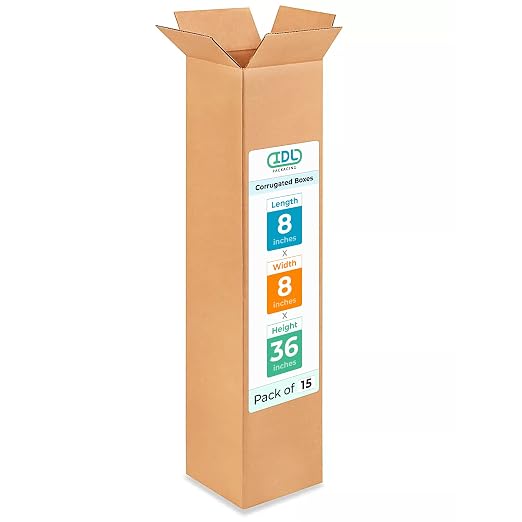 Tall Moving & Shipping Boxes 8"L x 8"W x 36"H (15-Pack) - Extra Strength 200 lb vs Regular - USA-Made Corrugated Moving Boxes for USPS/UPS/FEDEX - Packaging Box - Box Moving Supplies by IDL Packaging